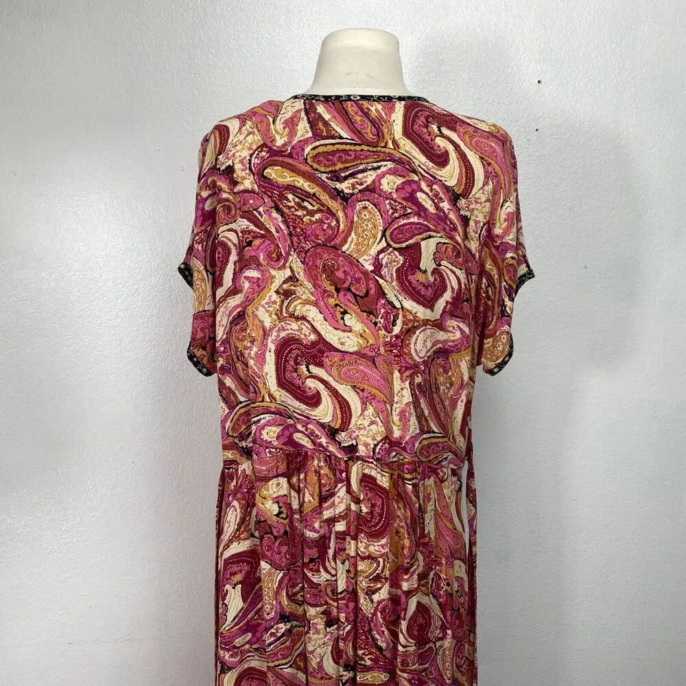 Vintage Zoe Womans Maxi Dress Large  Rayon Crepe Pink Paisley Boho Peasant Y2K